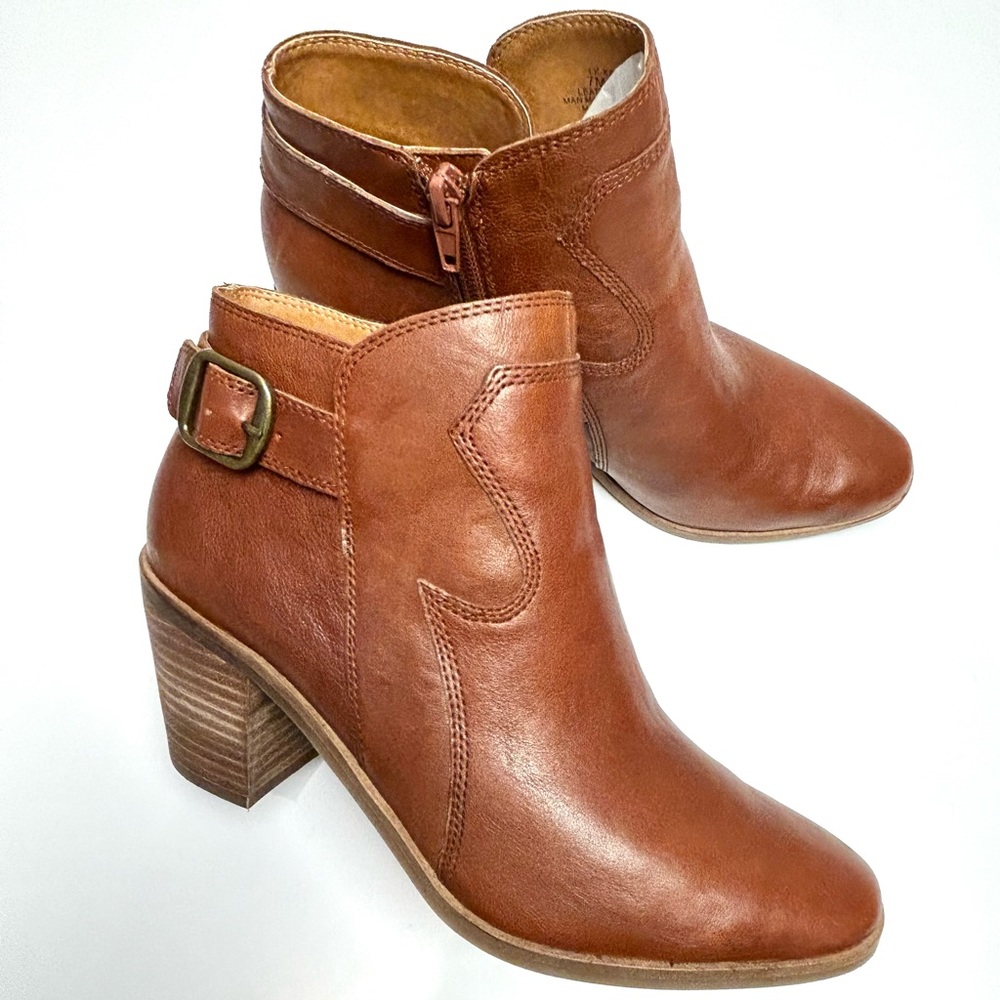Lucky Brand LK-KAUTO Whiskey Cameron Brown Leather Heeled Ankle Boots Size 7